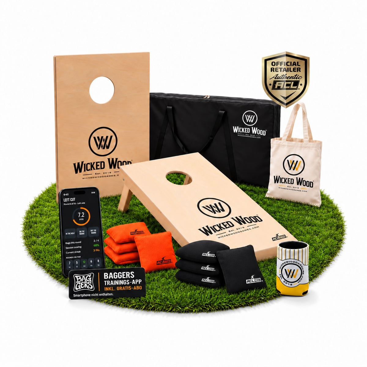 Cornhole Starter Bundle 90x60 – Lackierte Boards, Tragetasche, Tote Bag & Koozie – Wicked Wood Games