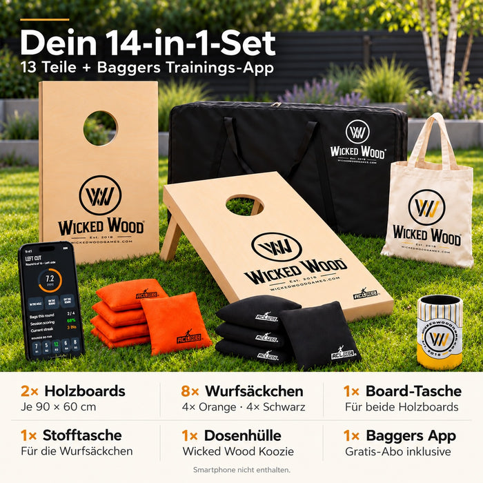 Cornhole Starter Bundle 90x60 – Boards, Carry Bag, Tote Bag & Koozie – Wicked Wood Games