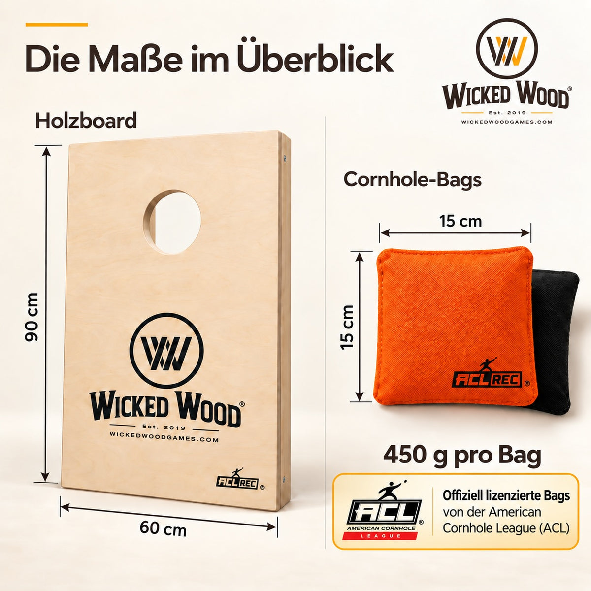 Cornhole Starter Bundle 90x60 – Lackierte Boards, Tragetasche, Tote Bag & Koozie – Wicked Wood Games