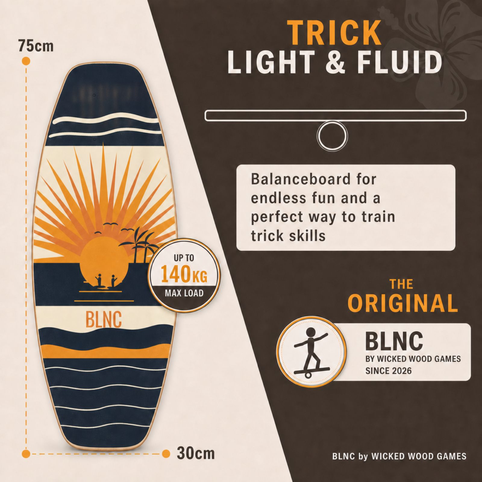 BLNC Trick Balance Board - Go Fishing - Specs 75x30cm